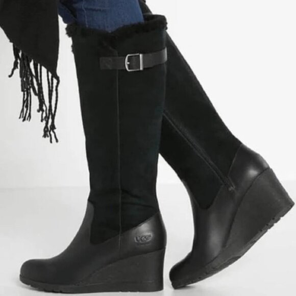 UGG Mischa Wedge Tall Boots black suede 8 women waterproof inside zip EUC - Picture 2 of 11